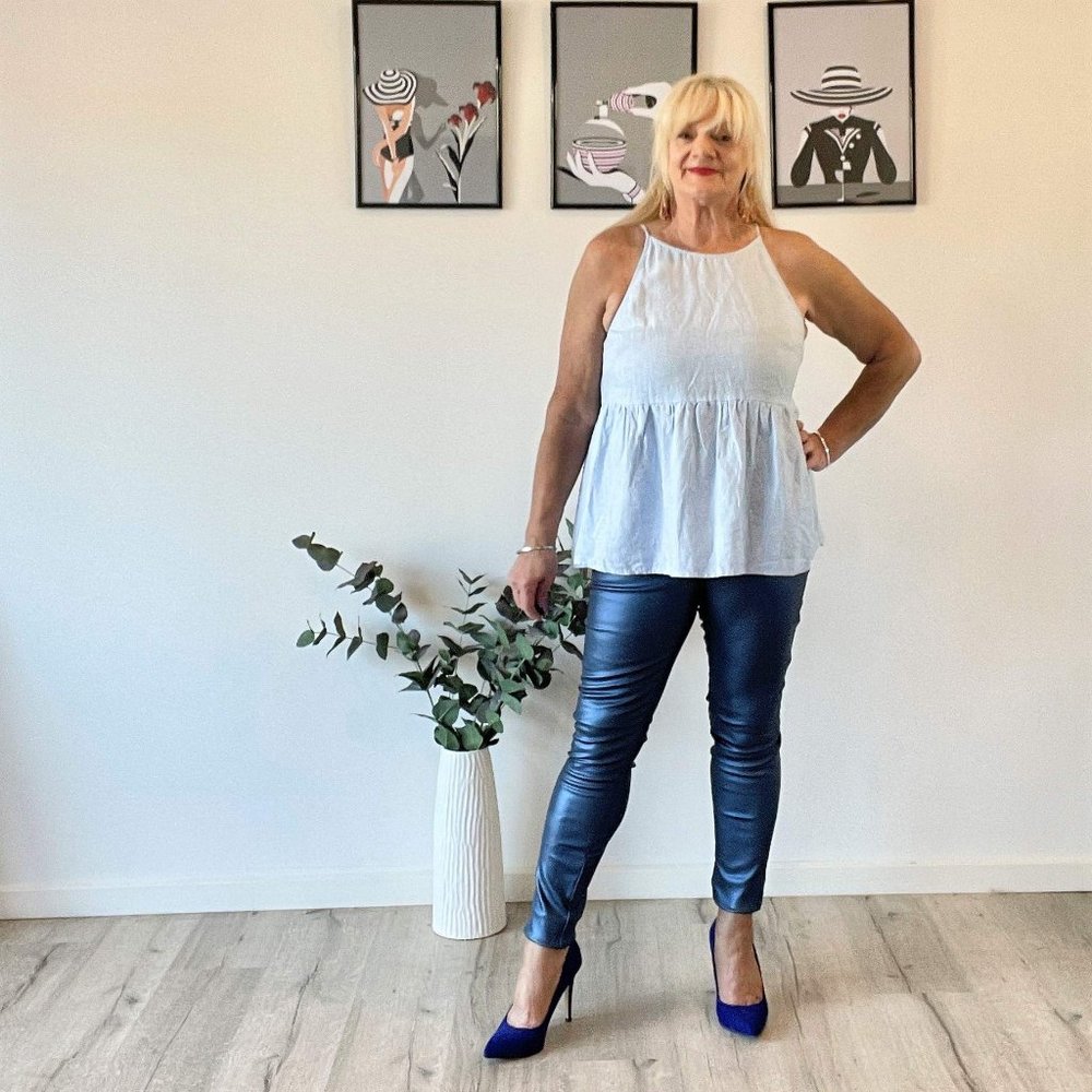 Shein Faux Leather Pants, Metallic Blue, Size L - Picture 1 of 3